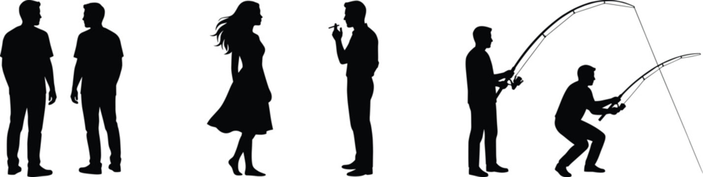 Lifestyle people silhouettes vector set featuring men talking woman walking smoking and fishermen angling