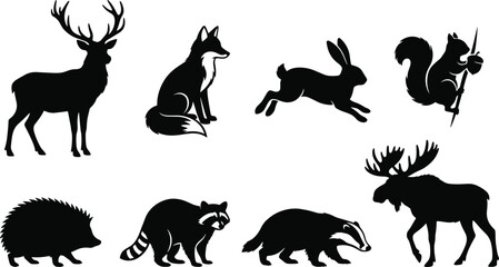 Obraz premium Woodland Animal Silhouette Collection with Deer Fox Rabbit Moose and Forest Wildlife Vector Set