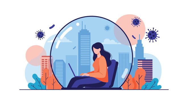 Woman working on her laptop inside a protective glass bubble to stay safe from viruses and external city hazards.
