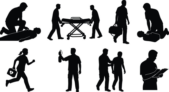 Emergency medical services paramedic silhouette vector icon set with cpr resuscitation stretcher transport and medical first aid concept in image_fc1a1d.png
