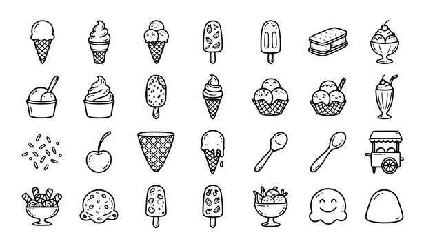 Hand Drawn Ice Cream Dessert Collection Featuring Popsicles Sundaes Candy and Sweet Food Line Icons