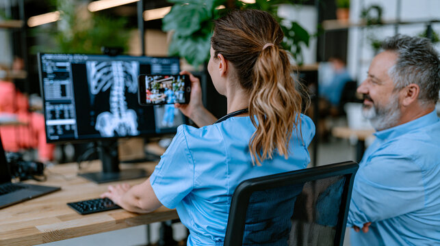 Occupational health nurse photographing ergonomic standing desk posture issues of office worker aged fifty-two spine alignment lumbar support aging musculoskeletal prevention workplace wellness asse