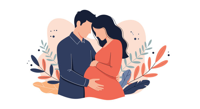 Loving husband holding his pregnant wife belly in a tender prenatal moment surrounded by colorful autumn leaves.