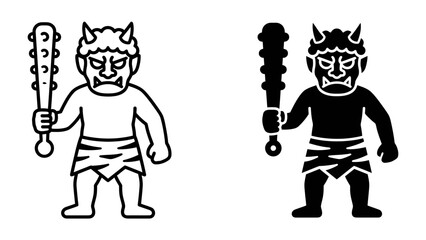 Ogre illustration: A fearsome ogre, depicted in both line art and solid silhouette, stands ready with a club, embodying mythical power and folklore. © Alomgir