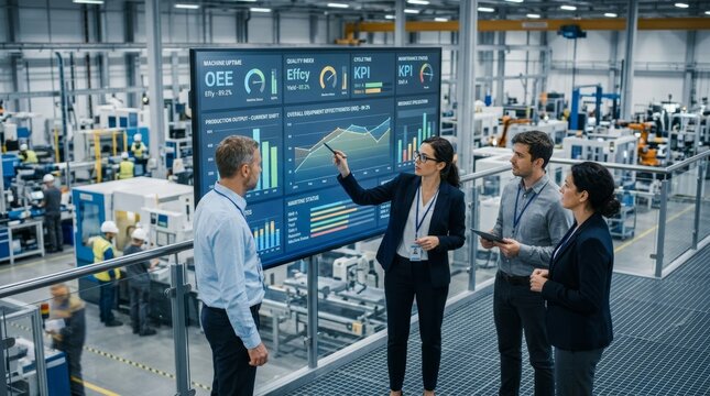 Automotive Factory Team Discussing Data on Large Screen Display