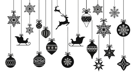 Black christmas ornaments snowflakes reindeer and sleigh hanging on strings © Priyanka