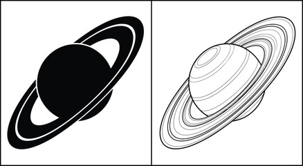 Planet Saturn Icon Design, Simple Black and White Graphic Concept for Education and Astronomy Symbols. © Muskan