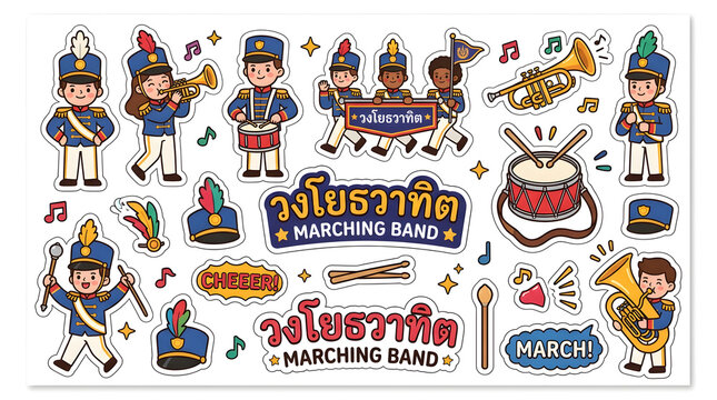 Marching Band Fun: A vibrant collection of cartoon illustrations depicts a lively marching band with musicians playing instruments, holding banners, and marching with enthusiasm.