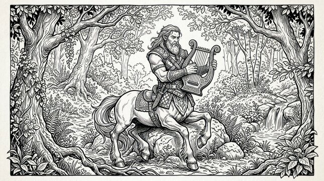 Monk playing lute while riding horse through dense forest