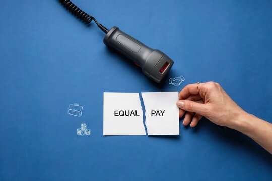 A hand holds a torn pay stub next to a black phone on a blue surface with equal pay icons.