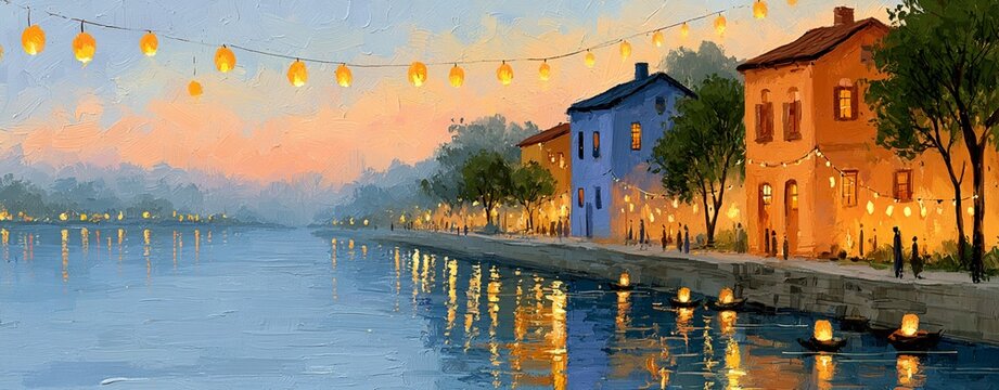 Thick brushstroke impasto style painting of a romantic riverside town at twilight, with glowing lanterns strung over a promenade and reflecting in the water during a festival.