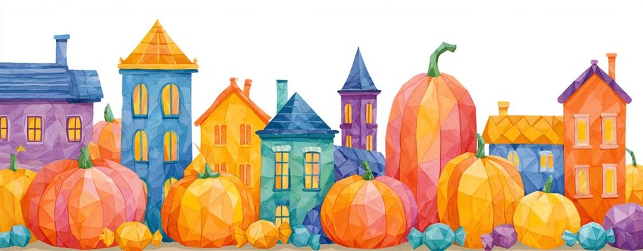 Geometric watercolor illustration of a whimsical pumpkin village with colorful houses and glowing windows for a festive Halloween or autumn holiday celebration background.