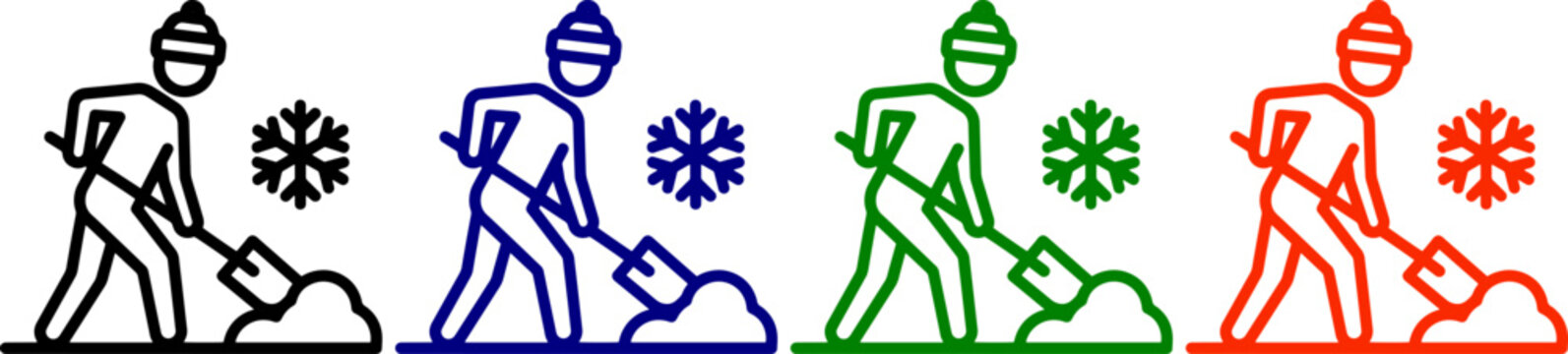 Winter maintenance worker shoveling snow near snowflake symbol set in black blue green and red outlines
