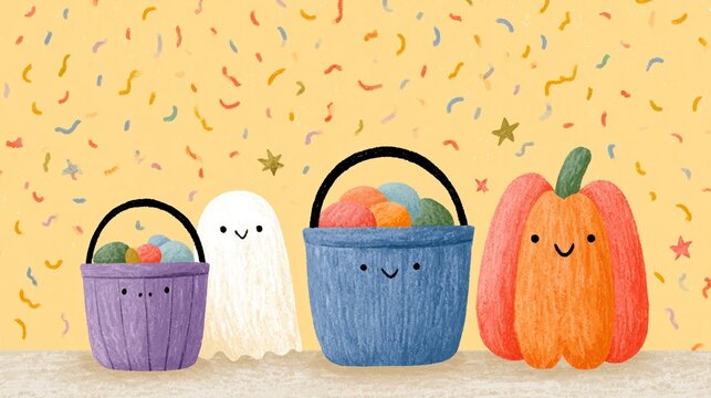 Whimsical crayon texture illustration of a cute ghost, pumpkin, and candy buckets at a happy party, a kid-friendly Halloween design with festive confetti.