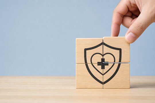 Hand placing a wooden block with a heart and medical cross icon for health insurance.