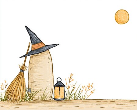 Cozy crayon drawing illustration of a witch hat, broomstick, and glowing lantern resting in a quiet autumn field under a harvest moon for a whimsical Halloween card.