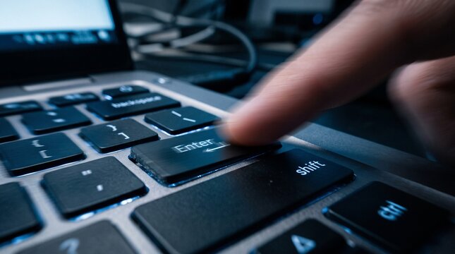 Person using a laptop keyboard with a finger pointing at the trackpad area