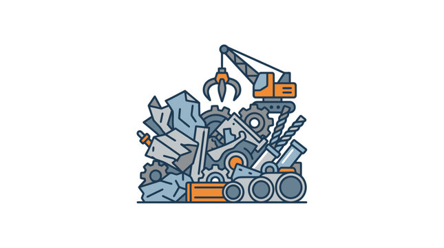 Scrap Metal Junkyard Vector Illustration with Claw Crane