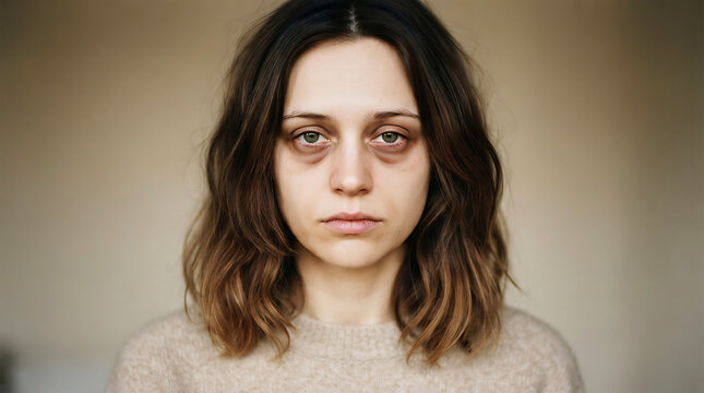 Woman with tired expression in cream sweater