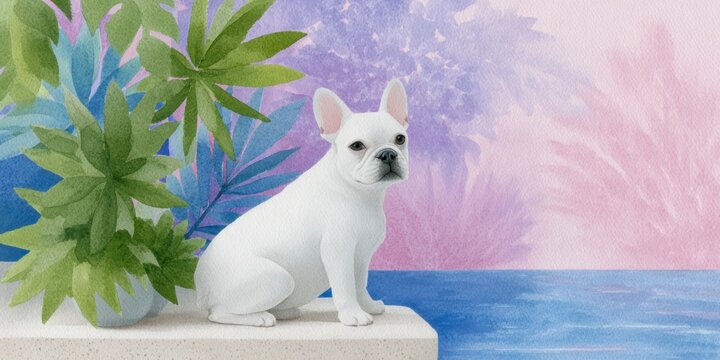painting of a white french bulldog sitting in a colorful pool, with a pink background featuring palm leaves and pastel patterns