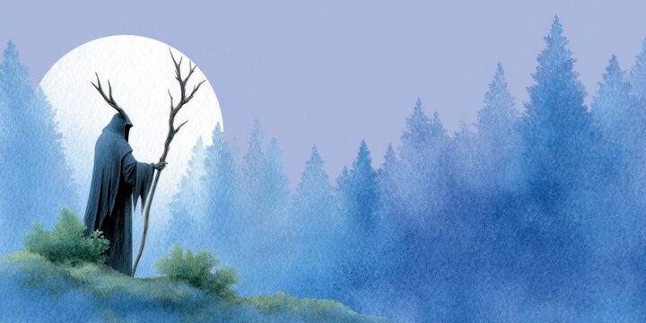 the grim reaper stands in front of a dark forest with a thorned crown and a moon behind his head