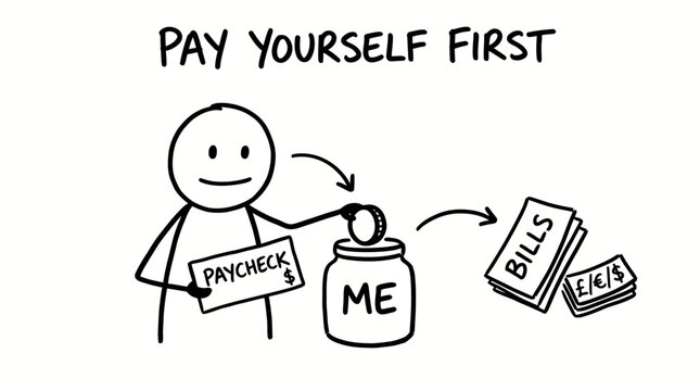 Hand Drawn illustration of a person prioritizing savings over bills with paycheck
