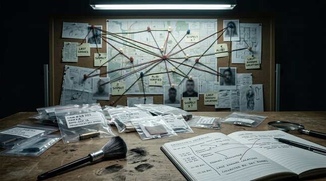 A detective's evidence table with fingerprint powder brush, sealed baggies, a notepad, and a corkboard of map pins and string, showing the careful work of a criminal investigation without showing the