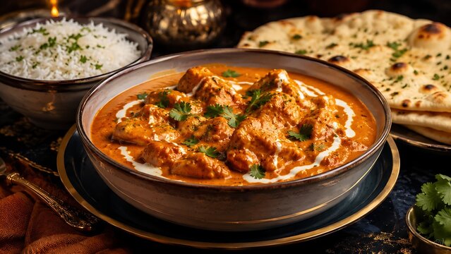 Creamy butter chicken curry served with basmati rice and naan bread