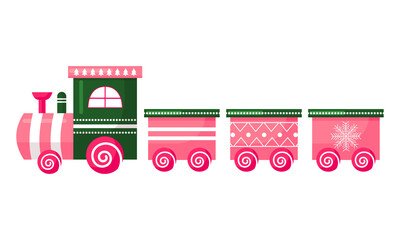 Naklejka premium Pink and green toy train with decorative carriages on white background