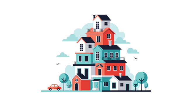 Whimsical stack of diverse, colorful houses forming a charming multi-story residential community, with a car and lush trees in the foreground under a cloudy sky.