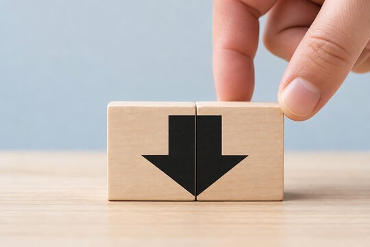 Hand placing wooden blocks with a downward arrow symbol indicating business decline