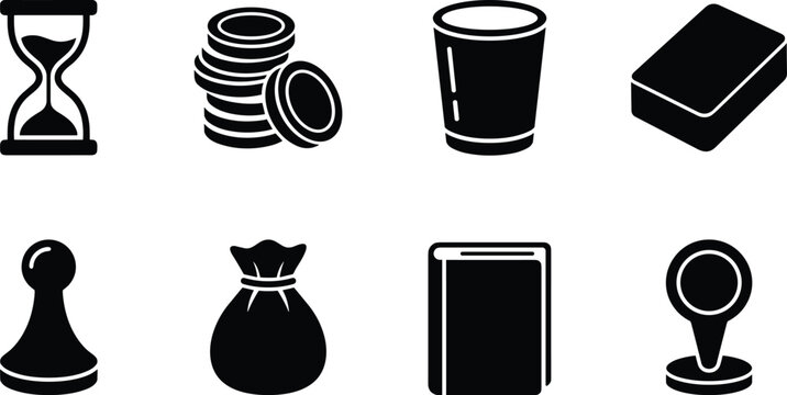 Board Game Object Silhouette Vector Set Featuring Hourglass Coins Cup Eraser Pawn Money Bag Book and Map Pin Icons