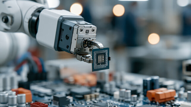 High Tech Robot Arm Holding Microchip in Factory