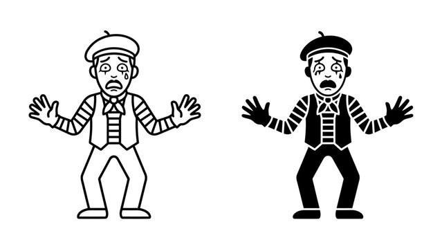 Two Mimes Expressing Fear or Distress: A pair of stylized mime artists, one outlined and one in silhouette, with classic face paint and striped shirts.