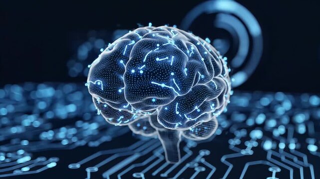 Digital representation of a human brain over a glowing blue circuit board background