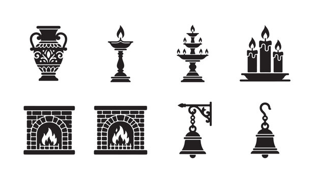 Traditional puja diya and burning candles icon set vector illustration isolated on white background.