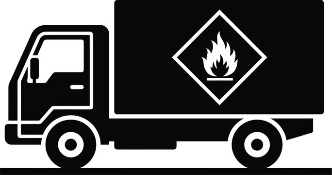 Black and white silhouette icon of a delivery truck carrying hazardous flammable liquid cargo materials
