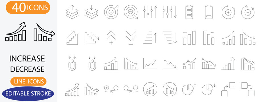 Increase and decrease line icons. Vector business growth and decline symbols with editable stroke.