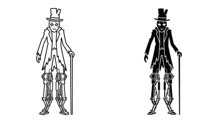 Steampunk Character Design: A striking figure in steampunk attire, complete with top hat, long coat, mechanical legs, and cane, presented in both outline and silhouette form. © Alomgir