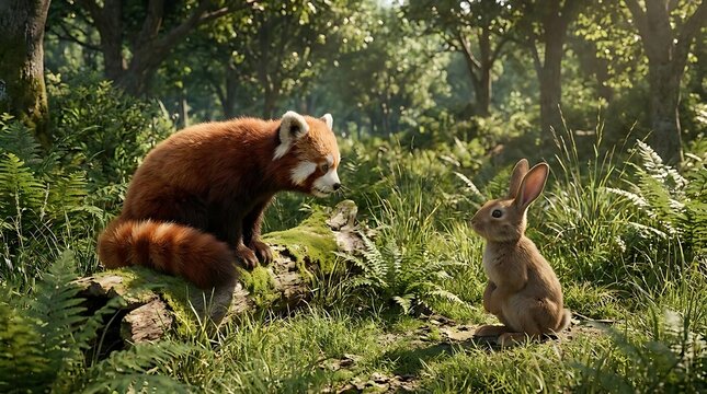 Red panda and rabbit sitting on log in forest.