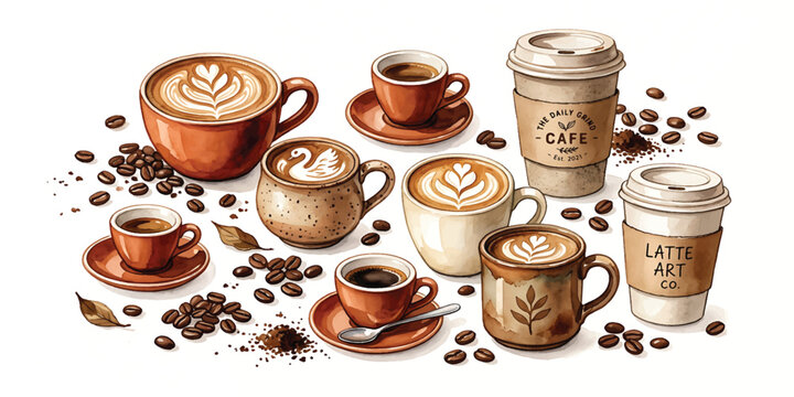 Coffee Beans and Cinnamon Spices with Hot Espresso Cup on White Saucer, Roasted Aroma and Morning Cafe Beverage Still Life