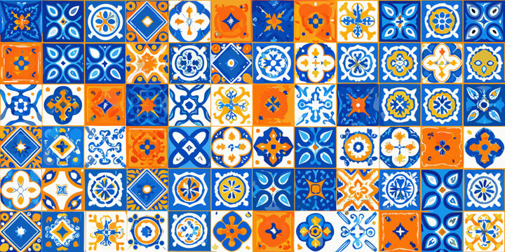 Blue and orange floral ornament pattern seamless tile arrangement