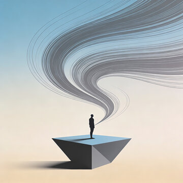 Resilience as a silhouette rooted to a stable base while strong currents move above and around it, explicit metaphor for grounded endurance in changing environments.eps