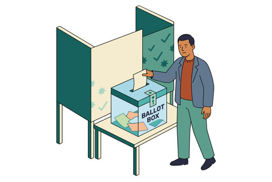 Person voting in polling booth with ballot box during election