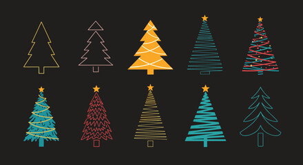 Obraz premium Creative collection of ten stylized Christmas tree icons with diverse designs and decorations on a dark background.
