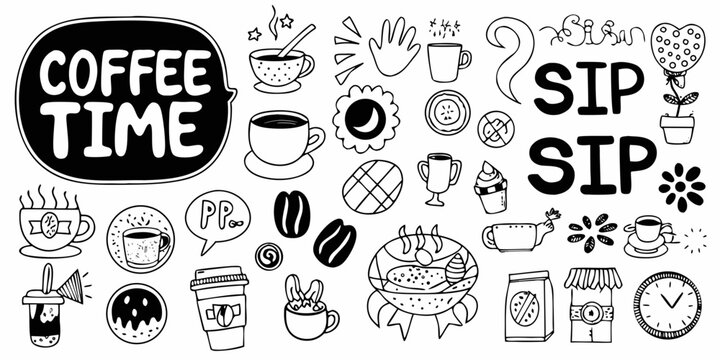 coffee time doodle collection in playful black and white line art cup bean sip hand flower clock speech bubble cafe breakfast