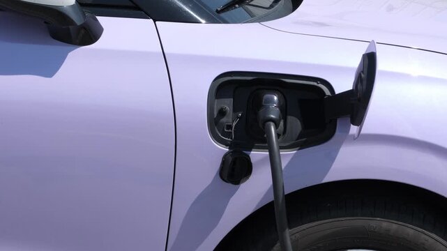 Purple EV plugged into charging station. Cable connects to car port smoothly. Modern green transport in progress.