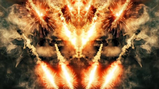 Golden fireworks exploding with sparks and smoke in night sky, dramatic pyrotechnic display, New Year celebration grandeur.