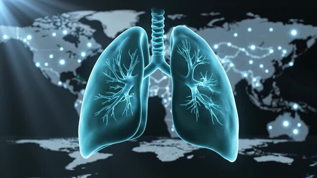 World lung cancer day awareness illustration with lungs and world map background video