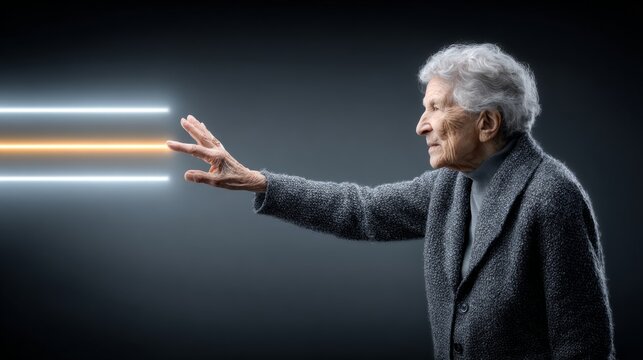 An elderly individual extends a hand towards a bright line of light in a dim space, showcasing a moment of connection